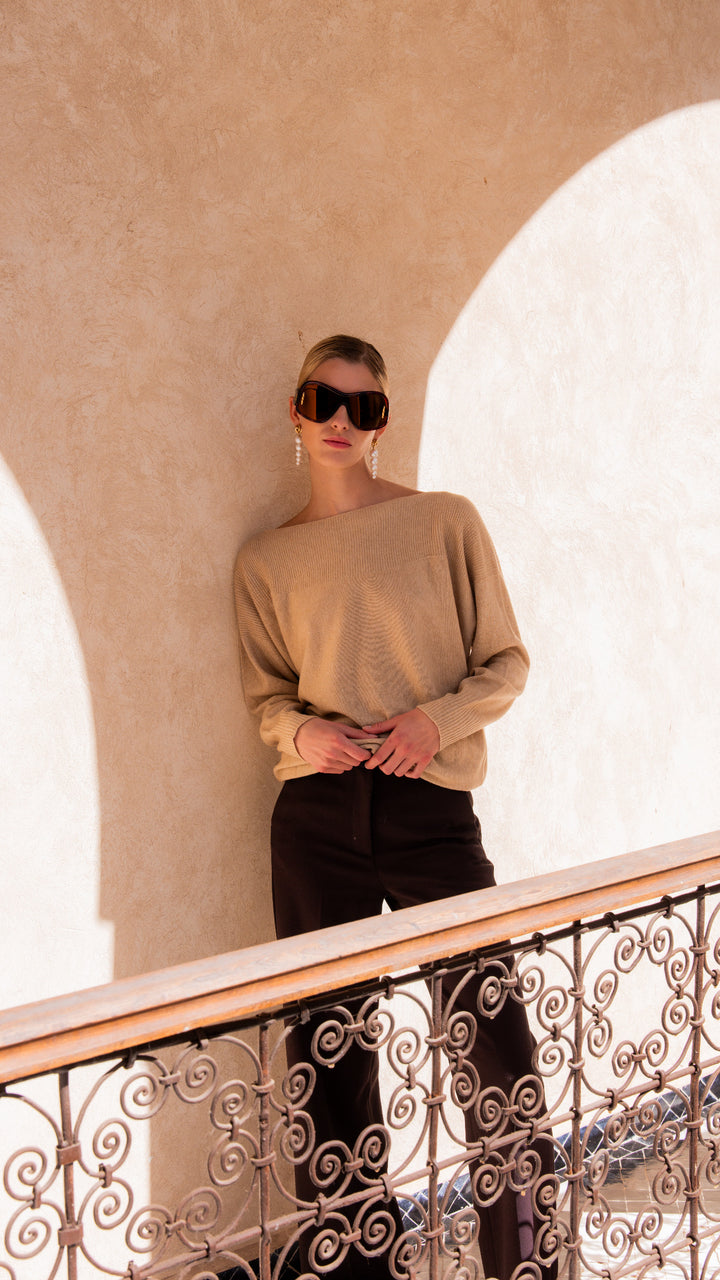 Dames pull in cashmere sand met boothals | Louise