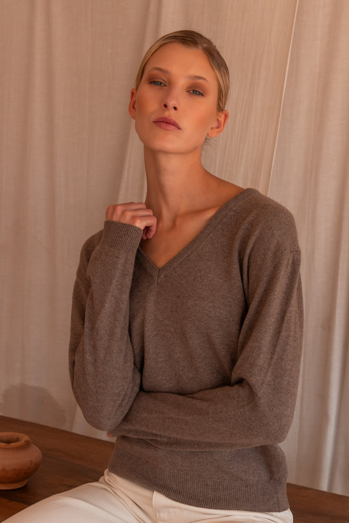 Manon pull V-neck taupe cashmere